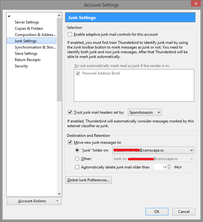Thunderbird Junk Settings